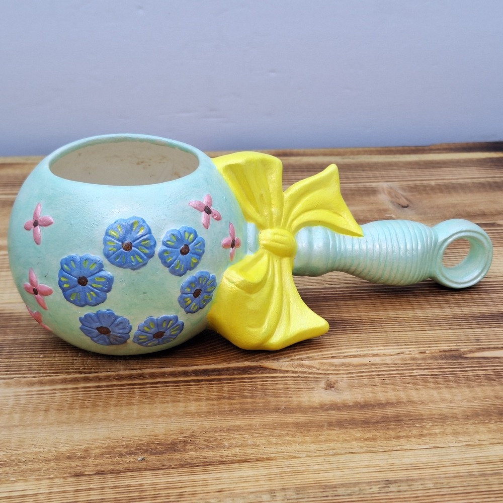 Vintage Baby Rattle Pottery Planter Signed Blue Yellow Pink CB